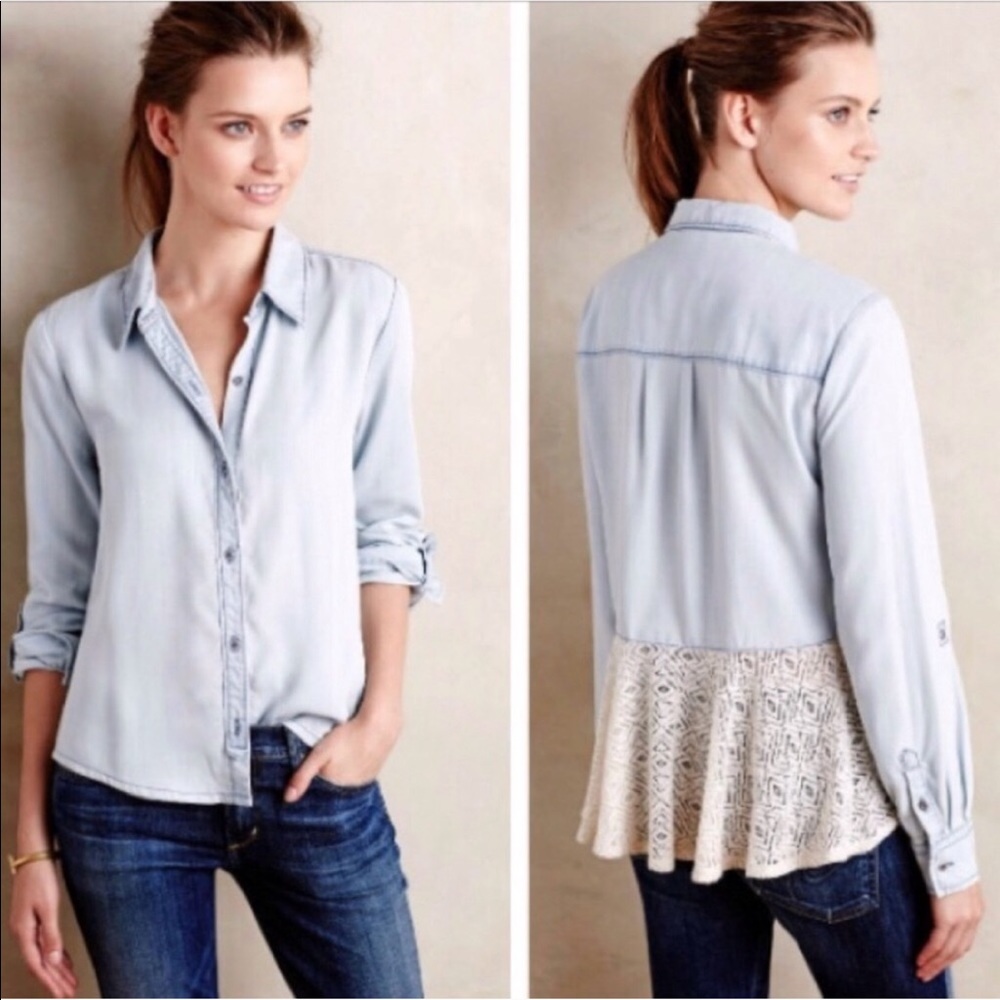 Anthropologie Holding Horses chambray and lace button front shirt size small